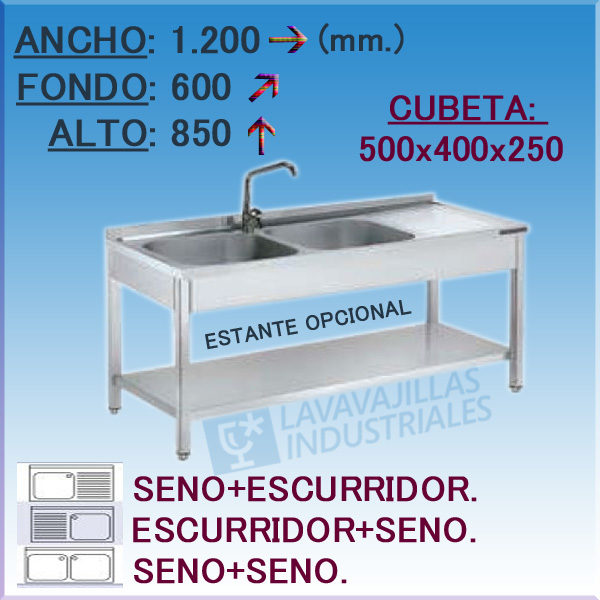 Fregadero Industrial Inoxidable de 1.200x600 mm.