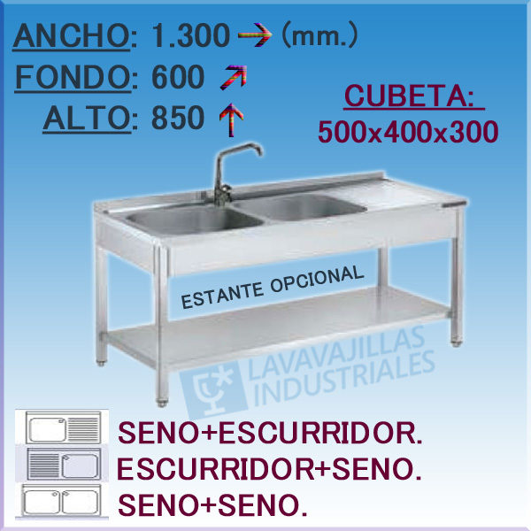 Fregadero Industrial Inoxidable de 1.300x600 mm.