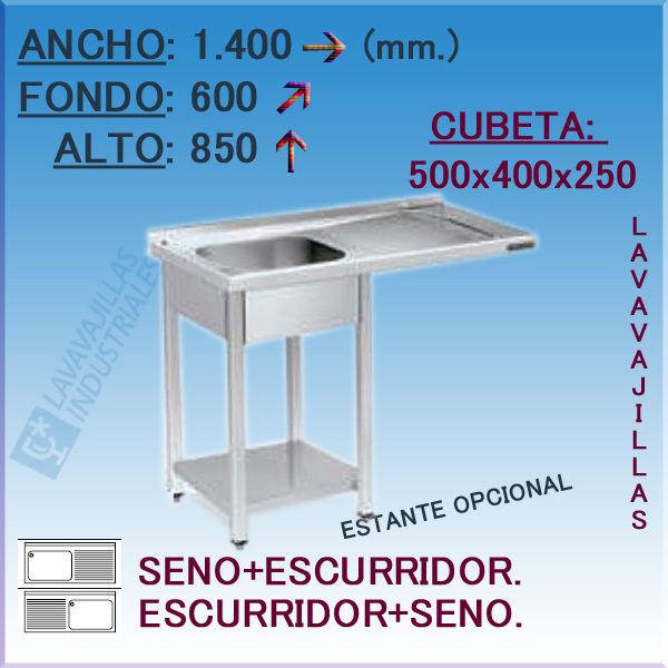 Fregadero con hueco para Lavavajillas de 1400x600 mm.