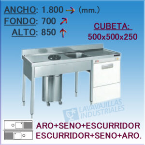 Fregadero con cubeta y Aro desbarazado especial Lavavajillas de 1800x700 mm