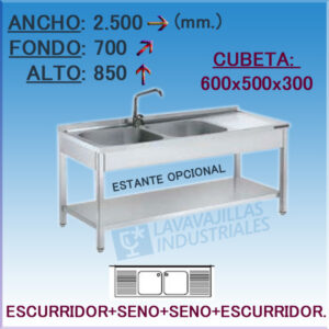 Fregadero Industrial Inoxidable de 2.500x700 mm.