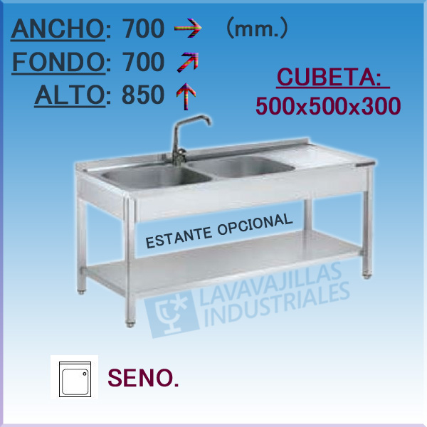 Fregadero Industrial Inoxidable de 700x700 mm.